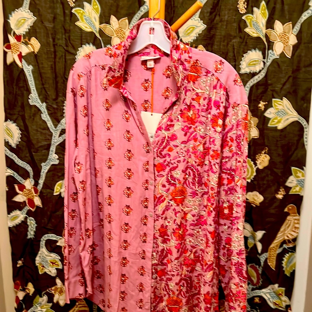 New Knox Rose Womens L Long Sleeve Red Pink Floral Collared Button Up 85%